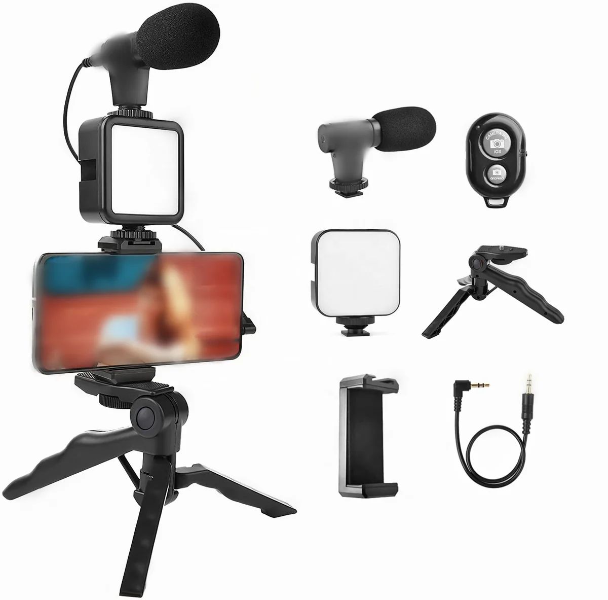 Vlogging Video Making Kit With Light, Table Tripod Stand, Microphone, Phone Holder, Bluetooth Remotesmart Phone